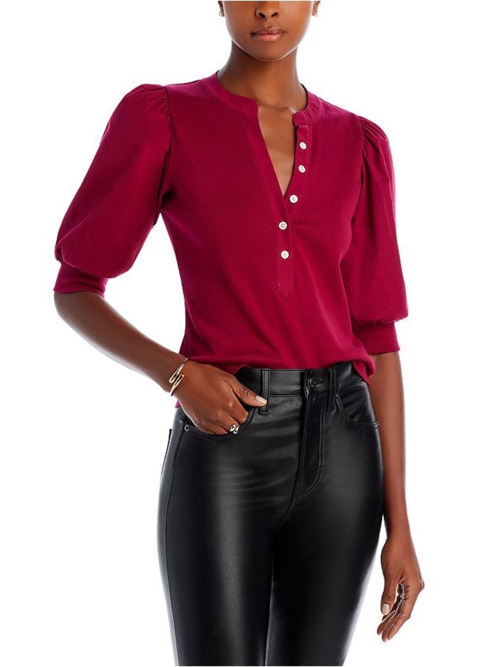 Veronica Beard Coralee Top Wine M Puff Sleeve Ribbed Henley Luxury Blouse L02
